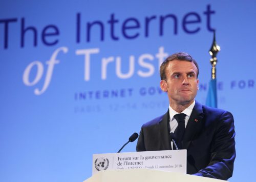 French President Emmanuel Macron delivers a speech during the opening session of the Internet Governance Forum (IGF) at the UNESCO headquaters in Paris, on November 12, 2018. - Fifty-one states, including all EU members, have pledged their support for a new international agreement to set standards on cyberweapons and the use of the internet, the French government said on November 12. China, Russia and the United States did not sign the pledge, reflecting their resistance to setting standards for cyberweapons which are at the cutting edge of modern warfare. (Photo by Ludovic MARIN / POOL / AFP)